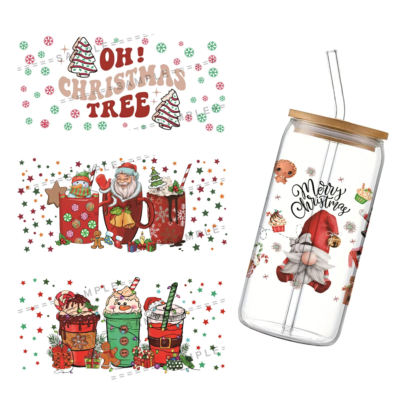 Christmas Series UV DTF Cup Wrap for 16Oz Libbey Glass Can DIY Transfer Sticker