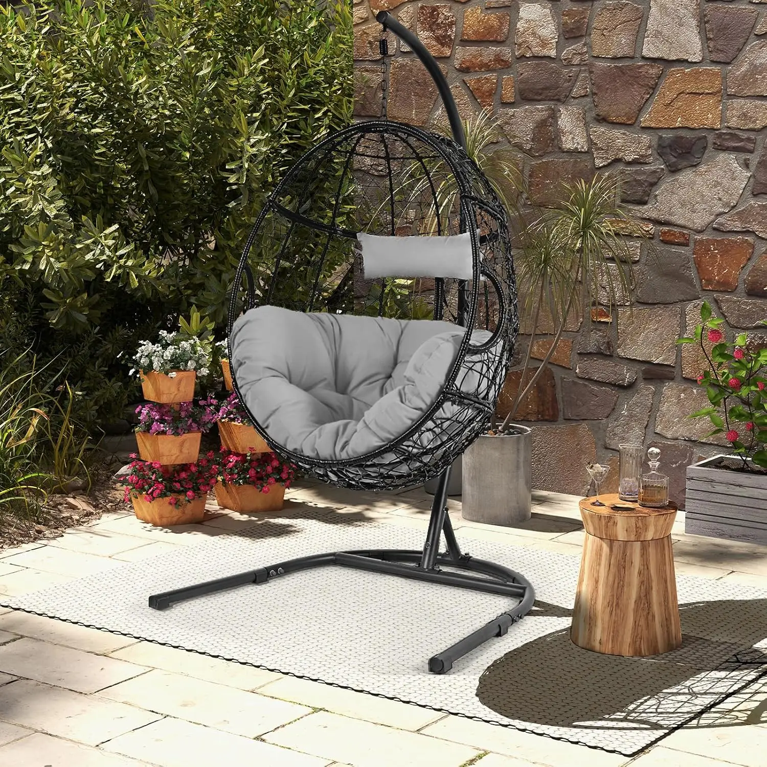 Egg Chair with Stand, Removable Cushion & Headrest, All-Weather PE Wicker Indoor Outdoor Swing Chair, Customized