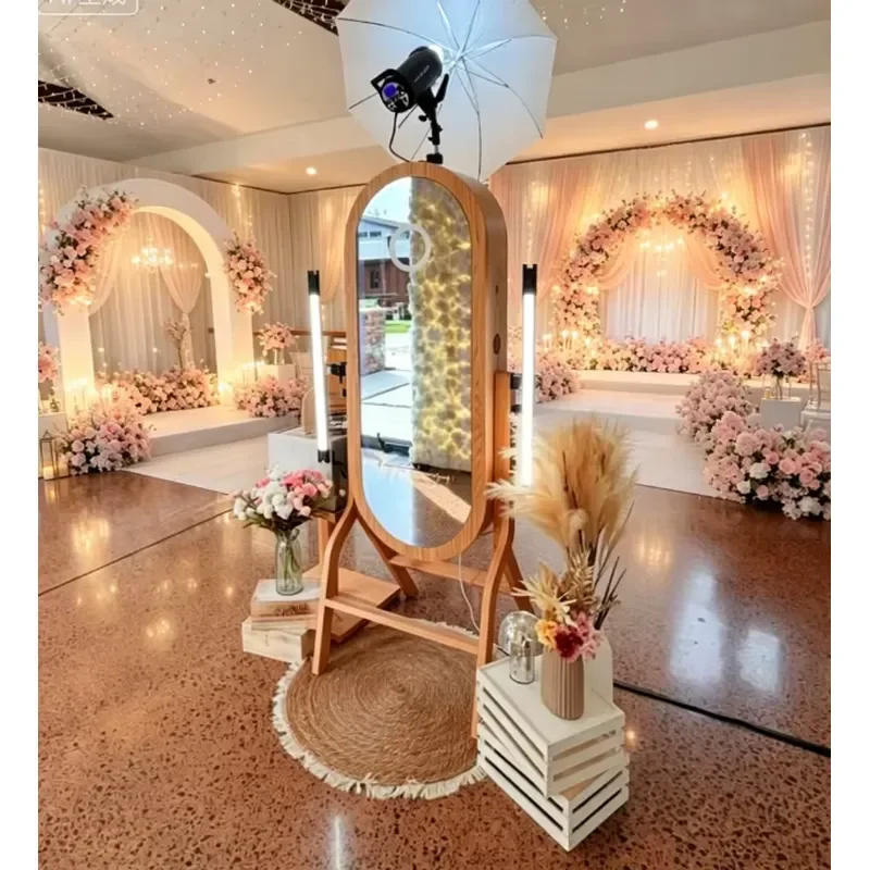 Classic Oak Wooden Oval Magic Mirror Photo Booth 21.5 Inch Touch Screen SLR Self-Service Print Wi-Fi Enabled for