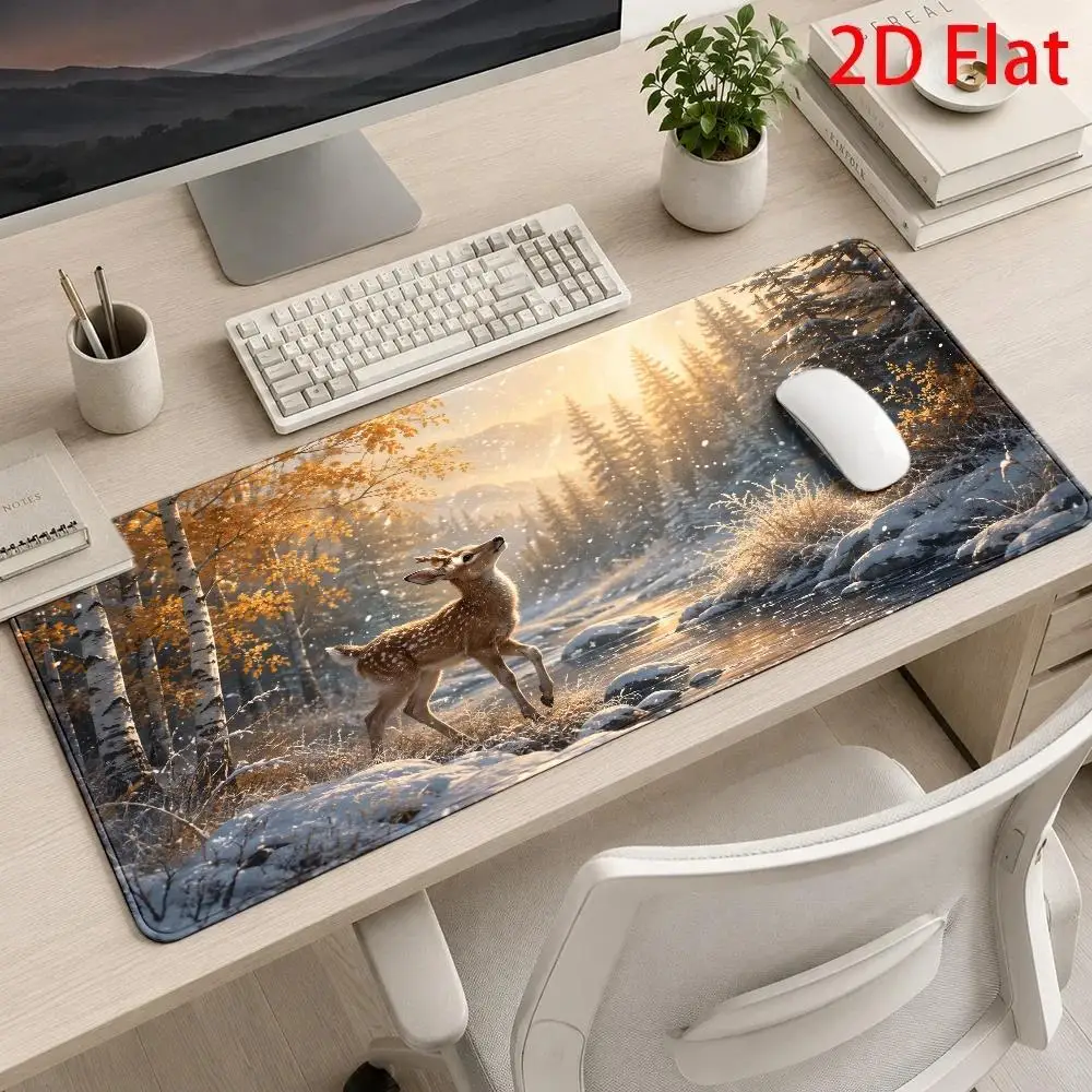 Winter forest deer large mouse pad, snow scene birch tree desktop pad, stain-resistant and durable desk accessories