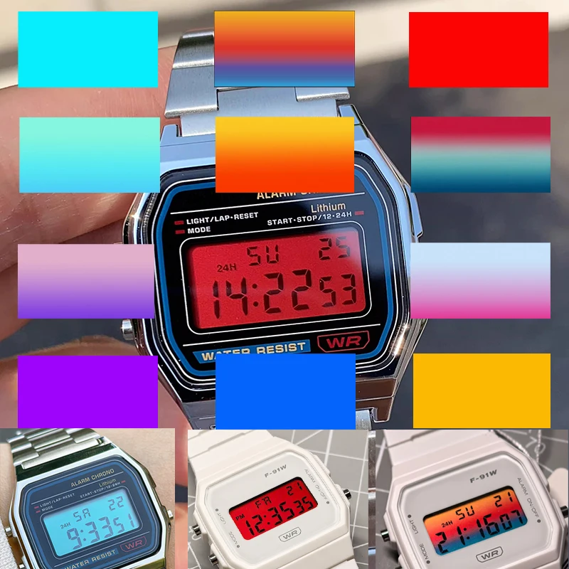 Image of Farbdisplay-Folie für Casio F-91W F-105 A158 A159 A168 DIY-Bildschirm-Refit-Overlay-Aufkleber im INS-Stil, Farbwechselfolie für den Bildschirm