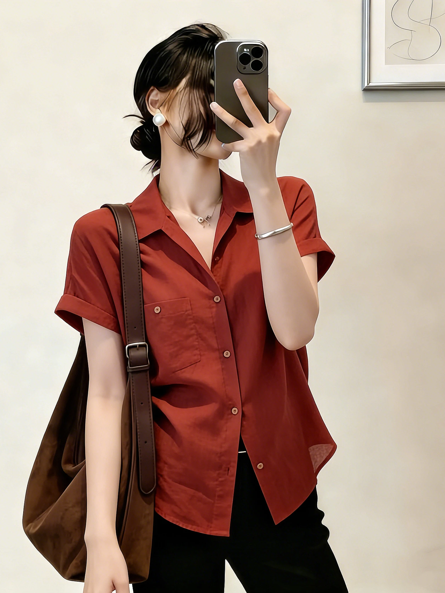 

Elegant Thin Red V-Neck Short Sleeve Shirt Women's Fashion Summer New Style Slimming Age-Defying Top Korean Style Commute Wind