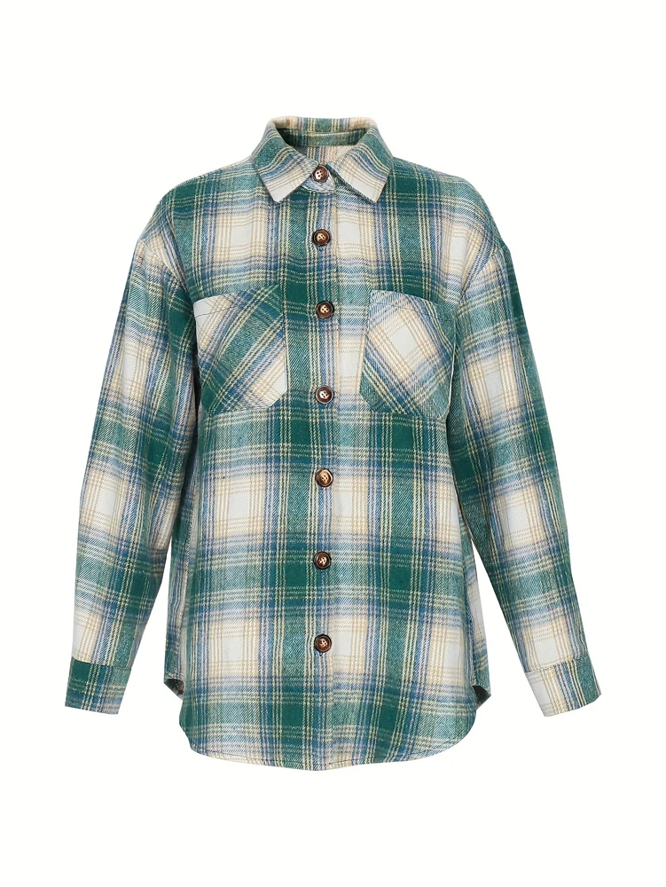 Camisa a cuadros de franela para mujer, chaqueta con botones de paja, Material de poliéster, moda Primavera Verano 2025