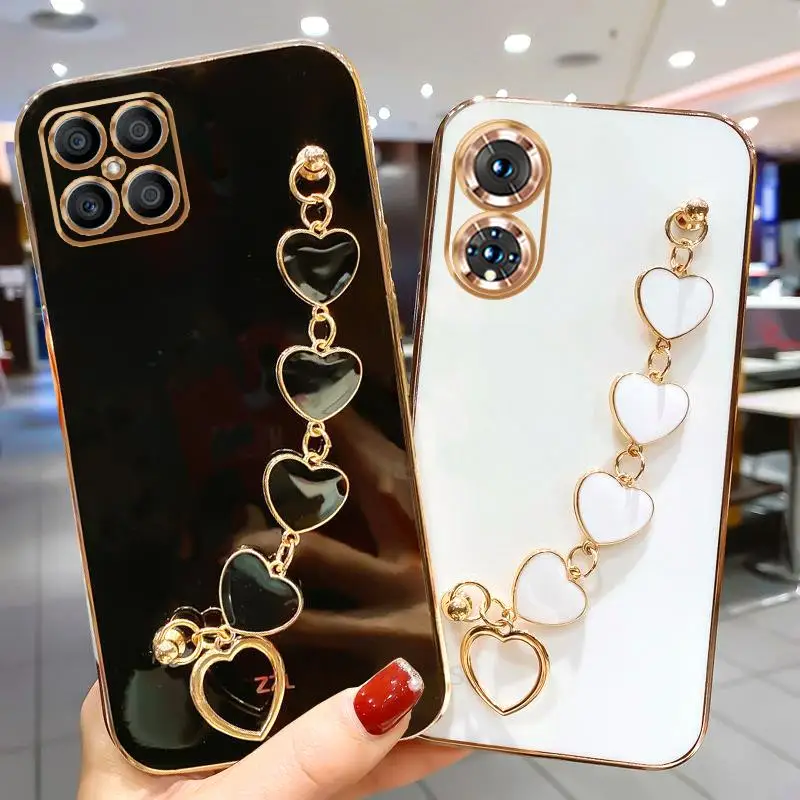 Luxury Plating Love Heart Chain Case For Huawei Honor X8 x6s X7 A 4g X9 5g X8a X7a x6 2023 Fashion Bracelet Cover On Honorx8