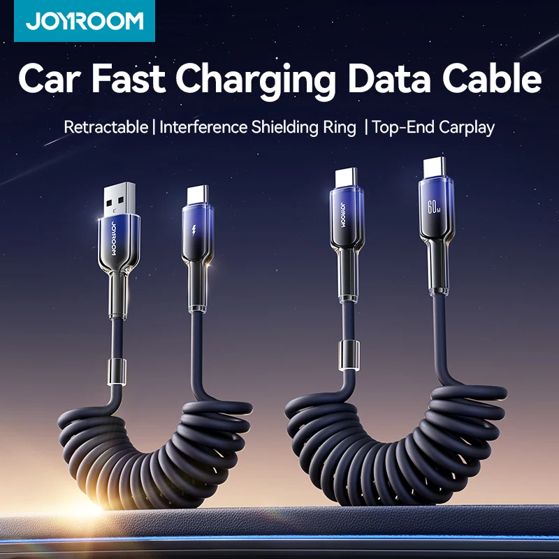 Joyroom 60W USB Type C Fast Charging Cable Spring Telescopic Car Charger Cable For iPhone 16 15 Pro Max /Xiaomi /Huawei Android