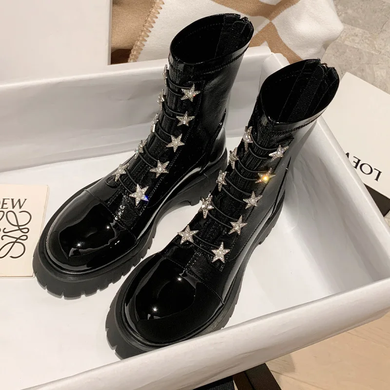 Ankle Boots Women Patent Leather Velvet Inside Star Rhinestone Designer Shoes for Women Zipper Thick Soled Mid-Tube Modern Boots