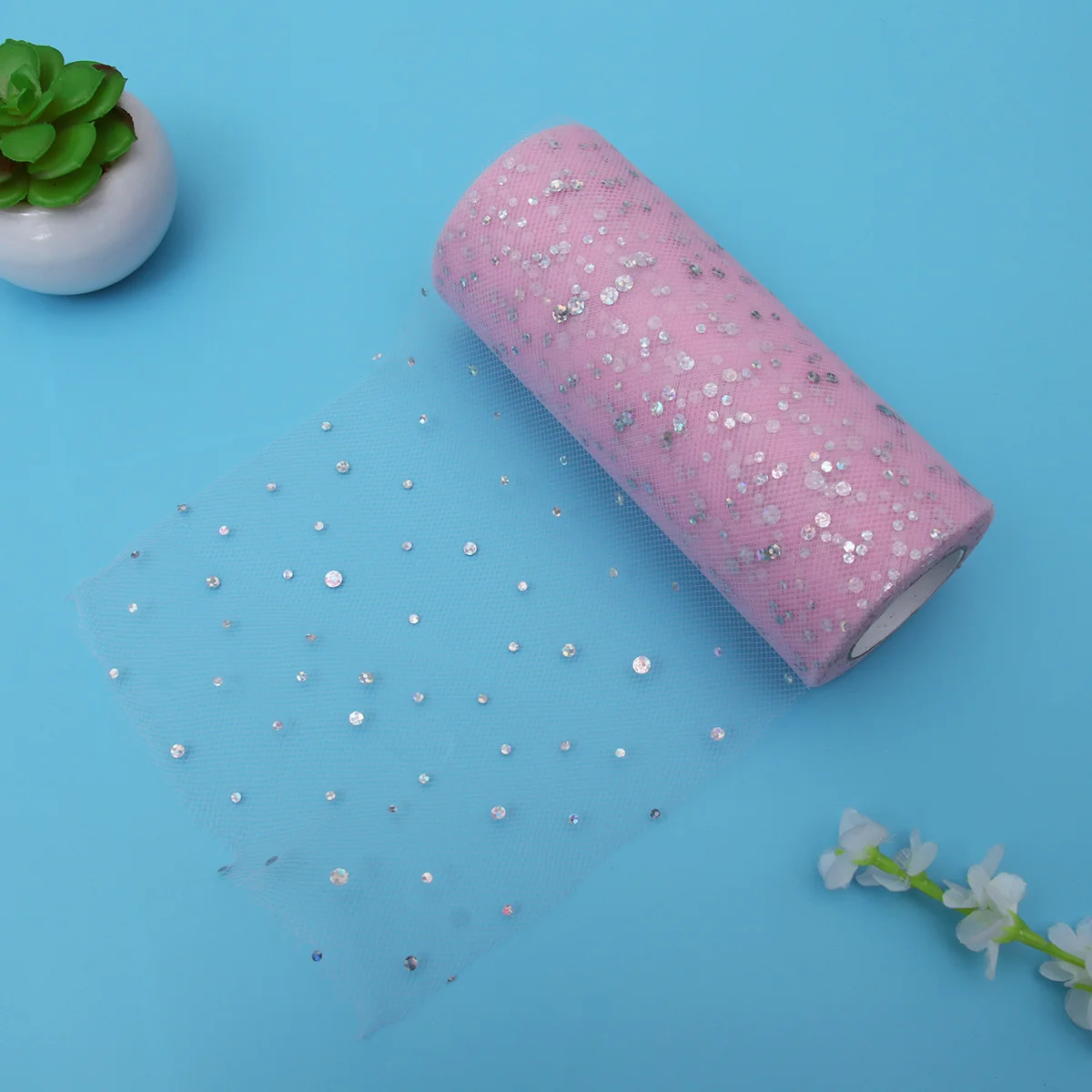 

24 Yards Pink 6 Inch Sequin Tulle Rolls For Wedding Decor Gift Wrapping Party Craft Diy Tulle Roll Spool Fabric Handicraft