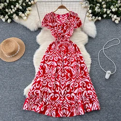 sweet v neck short sleeve ruffle print korean fashion Dress French Party Elegant Summer Sexy Slim Women dresses