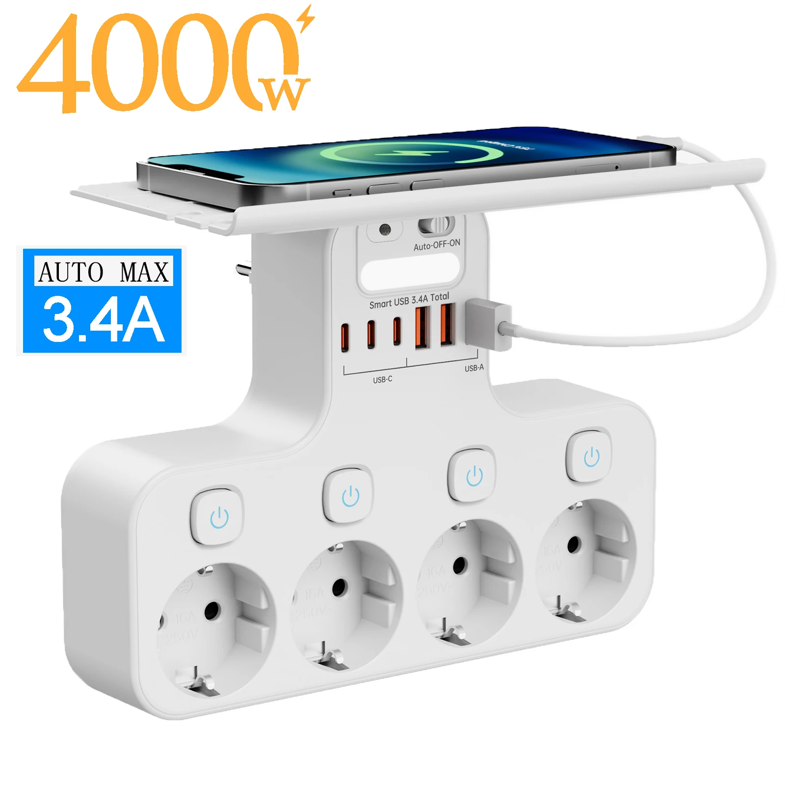 EU Plug Independent Switch Power Strip Multifunction European Standard Outlet With Phone Holder 3USB-A 3USB-C Charging Ports