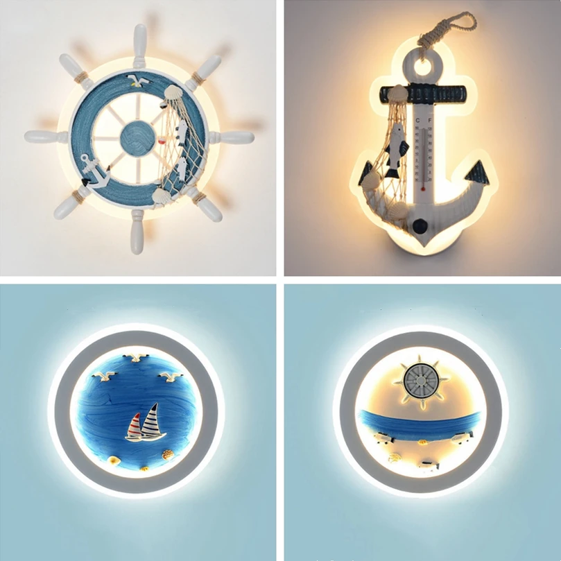 

Mediterranean Style Wall Lamp Rudder Boy Children Room Anchor Decoration Bedside Light 27W LED Acrylic Wood Cartoon Sconce Light