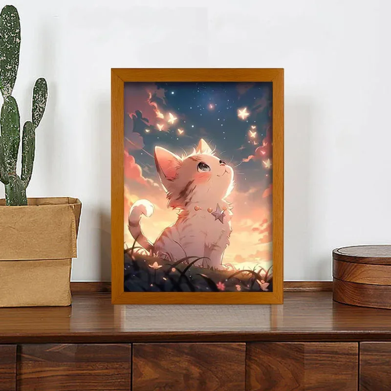 Cute Pet Cat Decorative Sketch Drawing Frame Healing Night Light Bedroom bedside table Creative lighting decoration painting