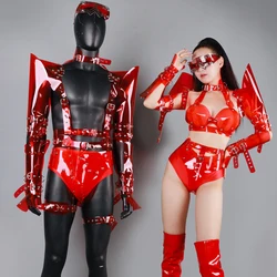 Sexy Party Pole Dance Clothing Men Red Rivet Waistband Women Exaggerated Shoulder Bikini Gogo Costume Stage Rave Outfit XS6993
