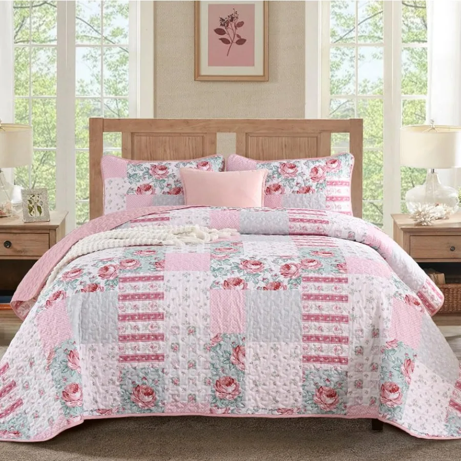 

Patchwork Quilt Set Size Floral Plaid Bedspread Coverlet Set Boho Rustic Quilt Bed Cover 3 Pcs Soft Microfiber Reversible Grey