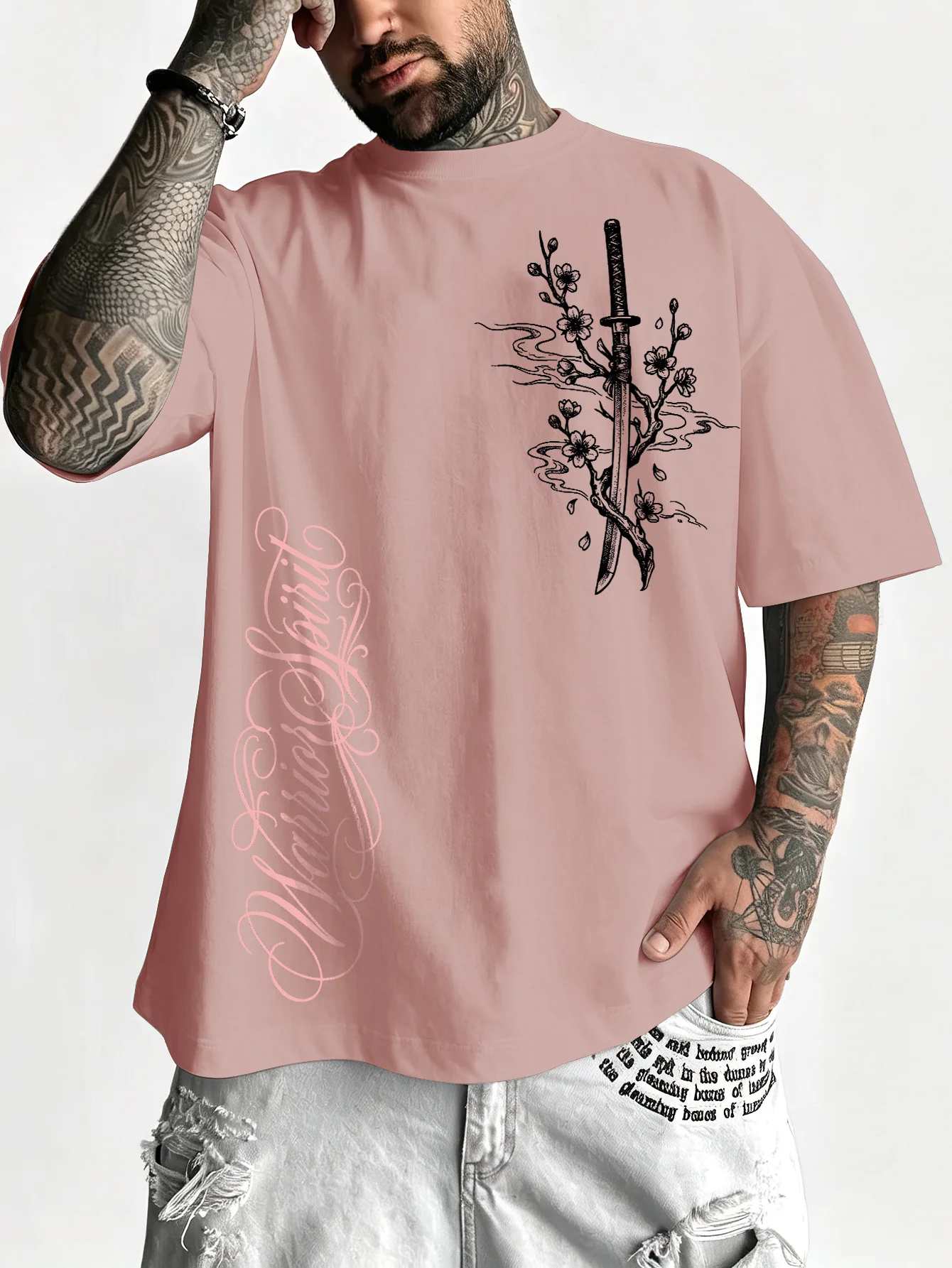 Men's Japanese Samurai Sword Cherry Blossom Warrior Floral Print Loose T-shirt, Trendy Enthusiast Fashion Item