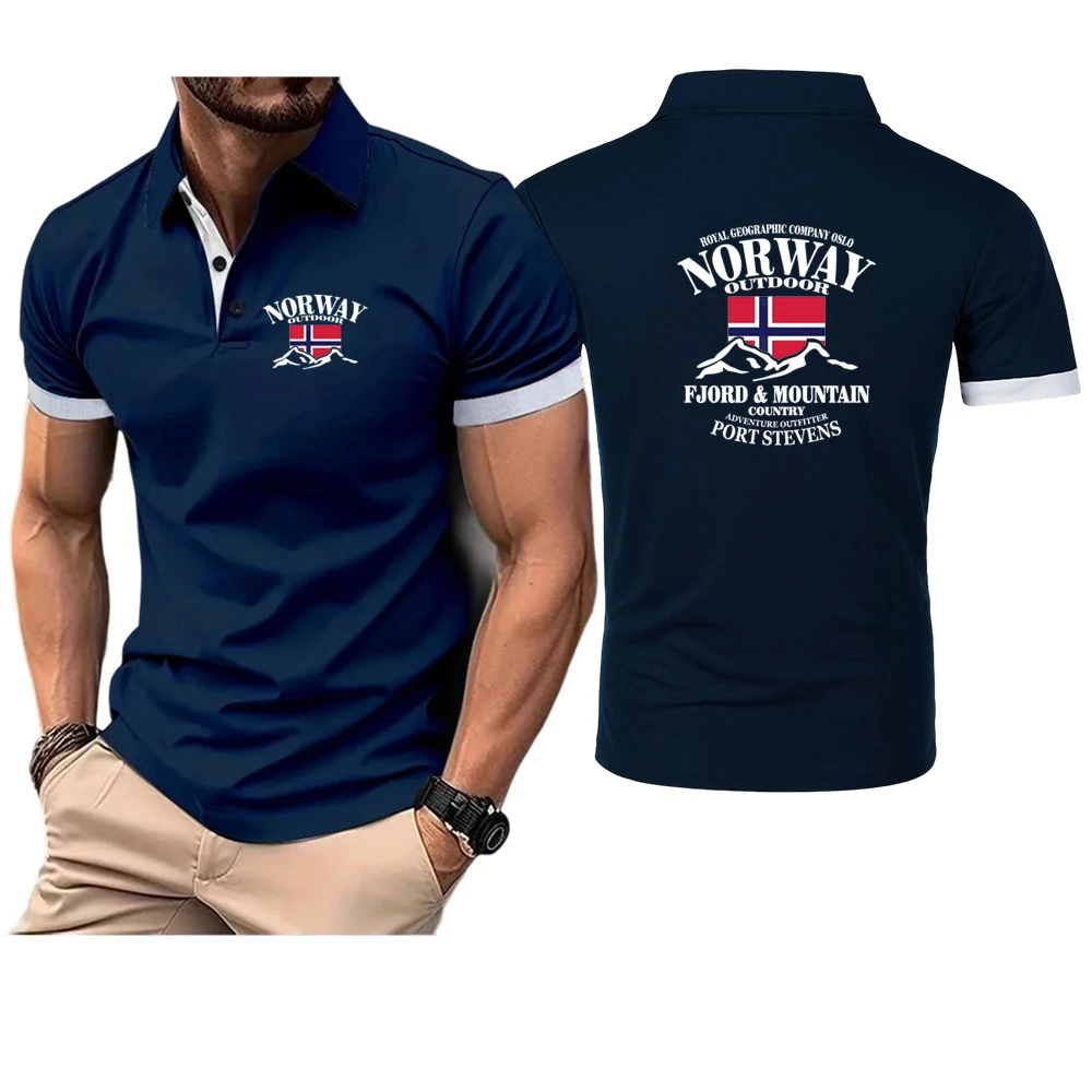 Norway Flag Fjord Mountain Printing 2025 Fashion New Man's Summer Solid Color Short Sleeve Classic Slim Fit Polo Shirt Tops