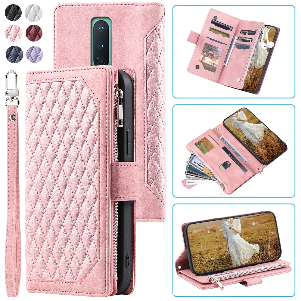 

Fashion Zipper Wallet Case For OnePlus 8 Flip Cover Multi Card Slots Cover Phone Case Card Slot Folio with Wrist Strap