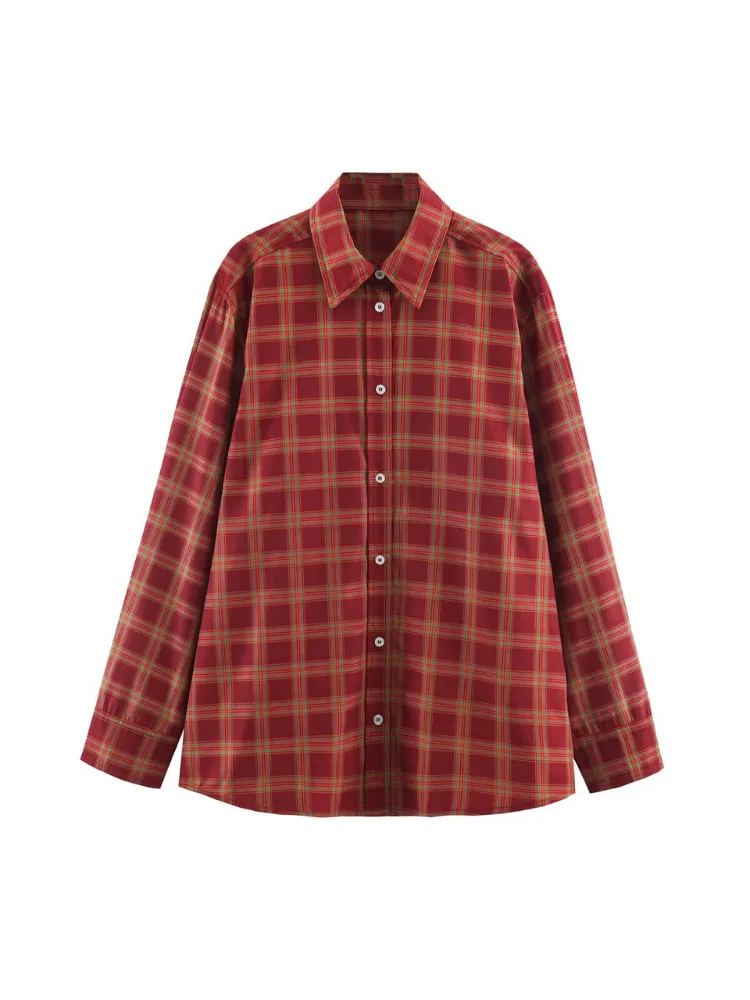 HH Women Vintage Red Plaid Shirt Jacket Autumn Winter Oversized Long Sleeve Button Front Shacket Casual Loose Fit Streetwear