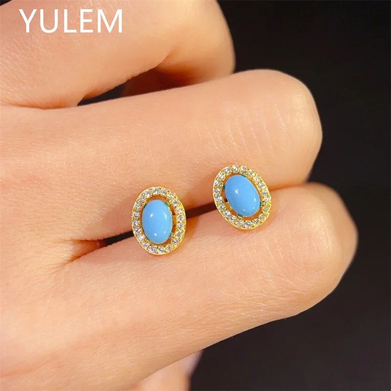 YULEM Jewelry 100% Natural Turqoise 4x6mm 925 Silver Gemstone Earrings for Daily Wear Gift Friend