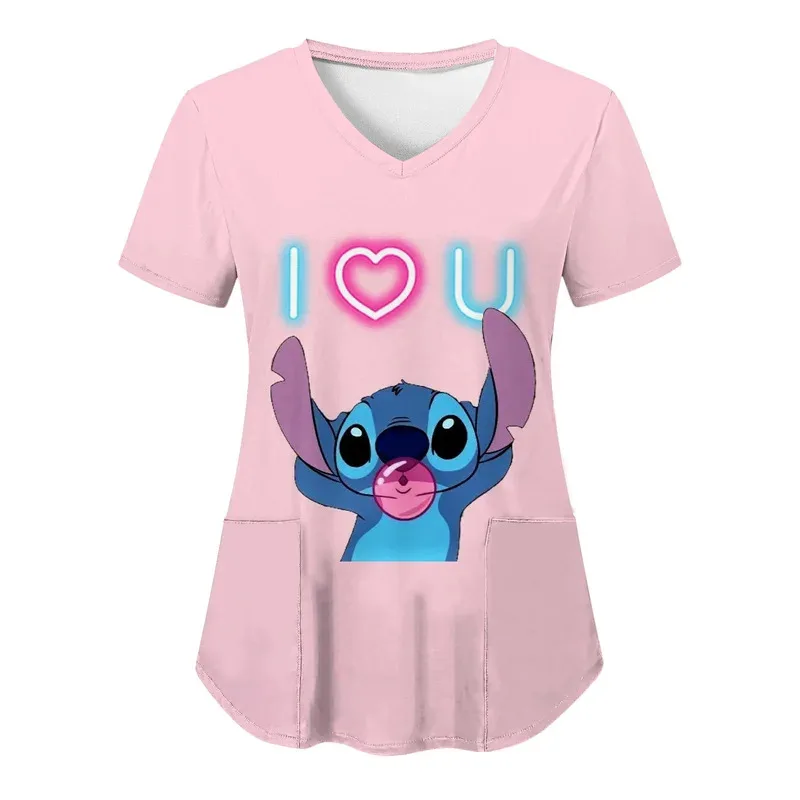 Miniso Nurse Uniform Tops V Neck T Shirt Disney Stitch Hospital Woman Clothes Pocket Top Women 2024 Summer Tshirt Shirts Tees