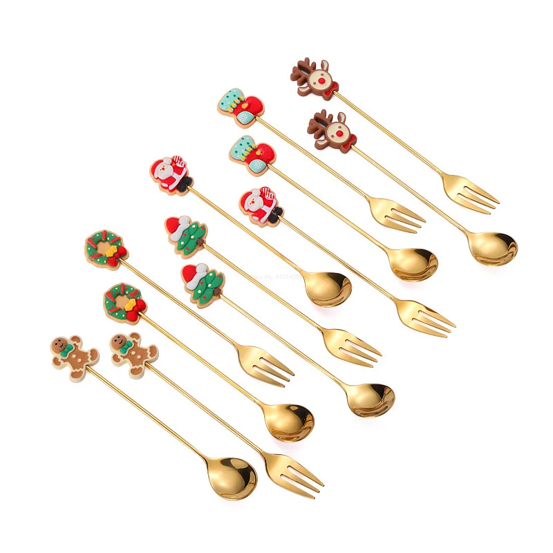 6Style Coffee Dessert Spoons Fork Christmas Tableware Set Xmas Gifts Fruit Fork Stirring Spoon Kitchen Accessories