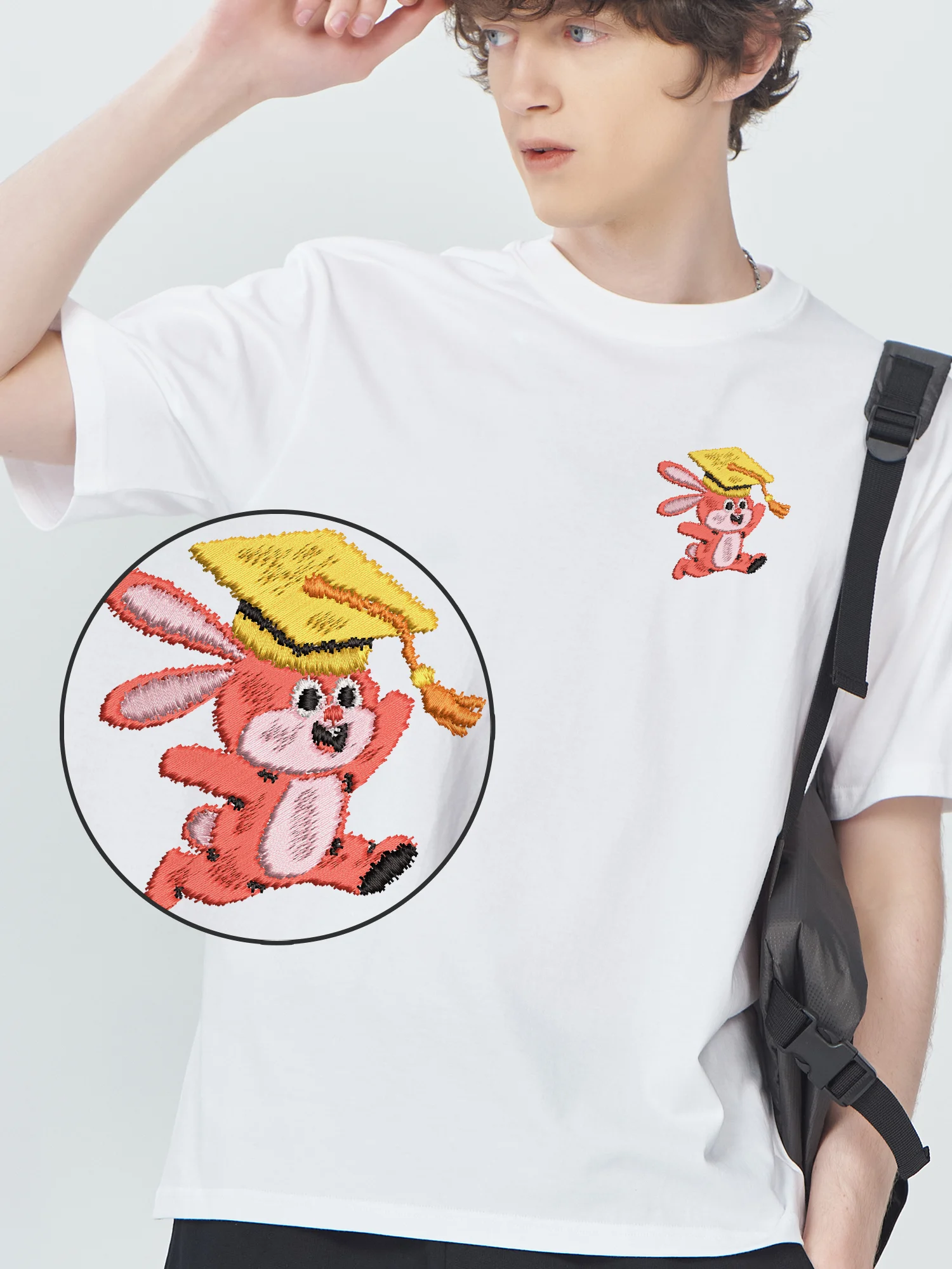 

Happy Rabbit Wearing Graduation Hat Embroidered Tops For Men Women High Quality Luxury Breathable Embroidery Shirt​