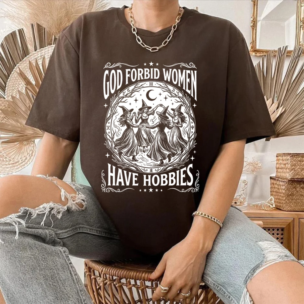 Halloween Witch Shirt Vintage God Forbid Women Have Hobbies Witchy Vibes Graphic Tee Gothic Punk Style Trendy Halloween Tshirt