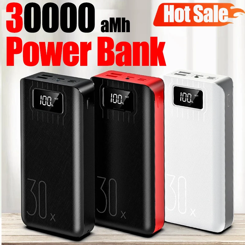 30000mAh Mirror Digital Display Power Bank  High Capacity Fast Charging Portable Battery Charger For iPhone Samsung Huawei