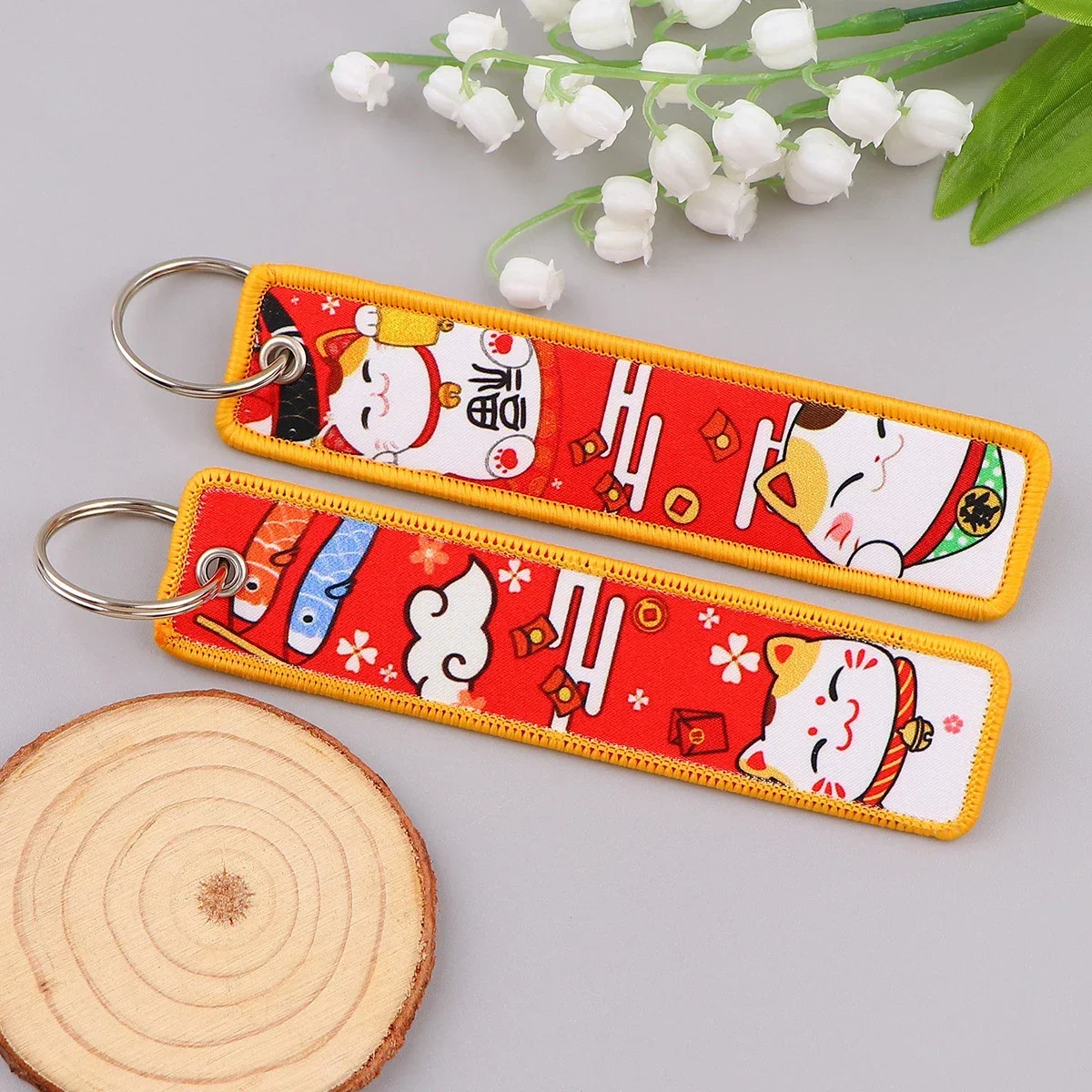 Japanese Waves Art Drawing Embroidery Key Fobs Backpack Key Tags Motorcycles Keychain Keyrings Cosplay Accessories Gift