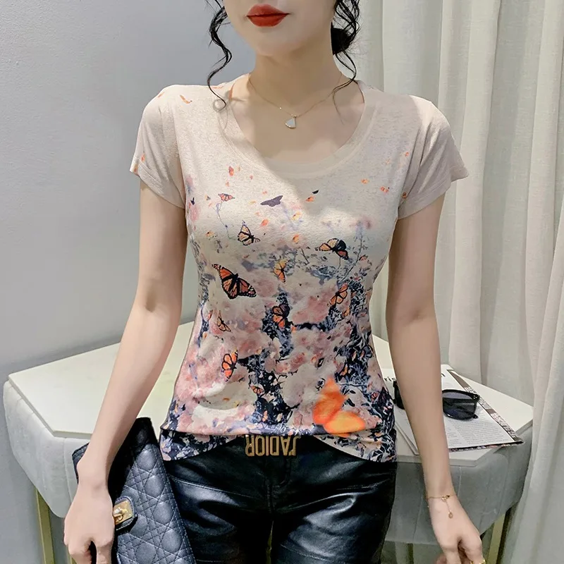 Vintage  Women's T-shirts Casual Printed T-shirt Fashion Slim Summer Tees Korean Clothing O-neck Short Sleeve Tee Women Tops