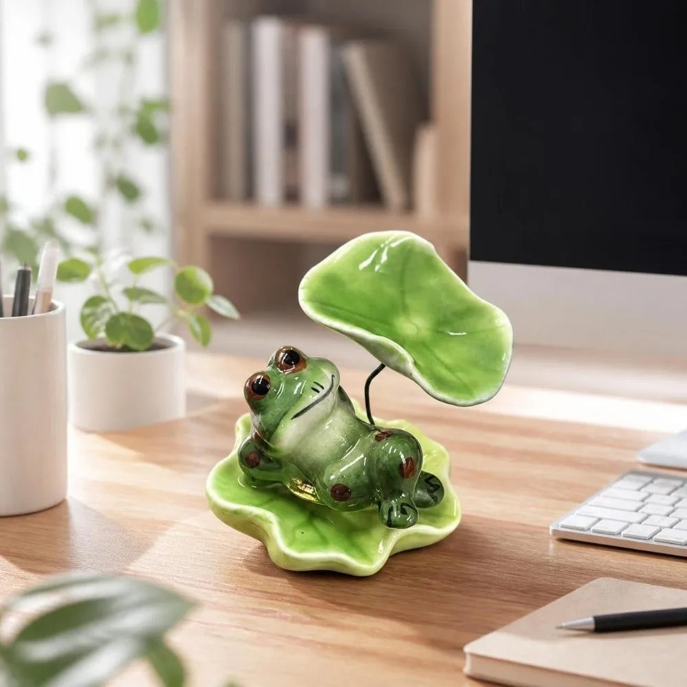 Decorative Ceramic Laying Frog Statue Lotus Leaf Funny Frog Rotating Attract Wealth Home Ornaments Frog Car Decor Office