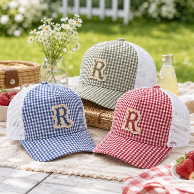 Korean Style Fresh Plaid Splicing Mesh Baseball Cap, Fashion Patch Embroidered Hat, Sun Protection Breathable Hat for Men Women