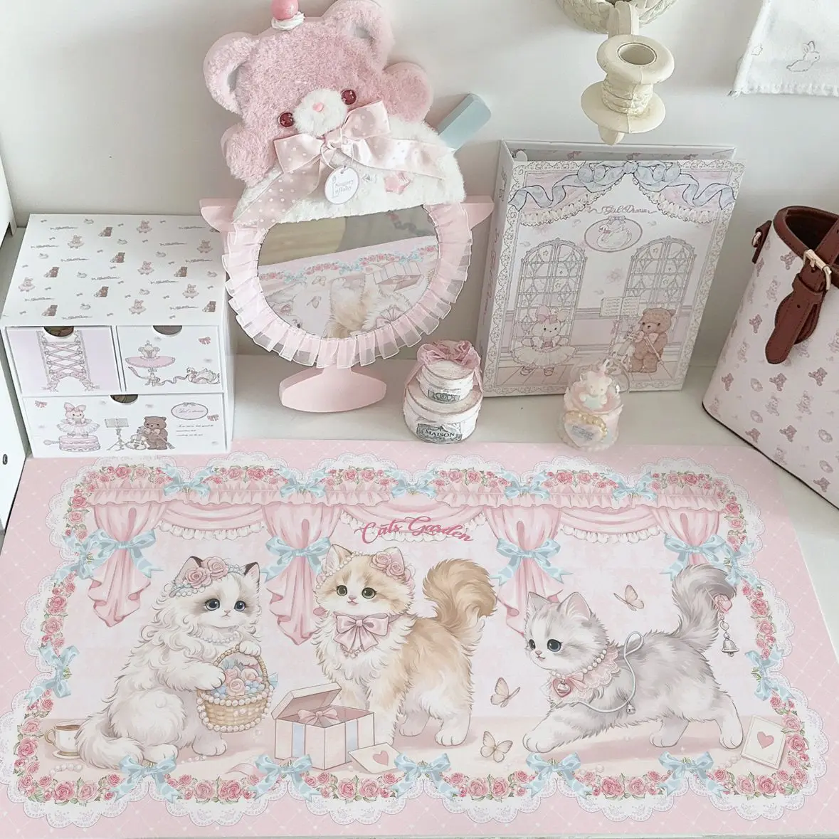 Leather Desk Pad Protector Pink Grid Kitten Rose Floral Butterfly Cat Y2K Girl Mouse Pad Office Desk Mat PU Desk Blotter Pad