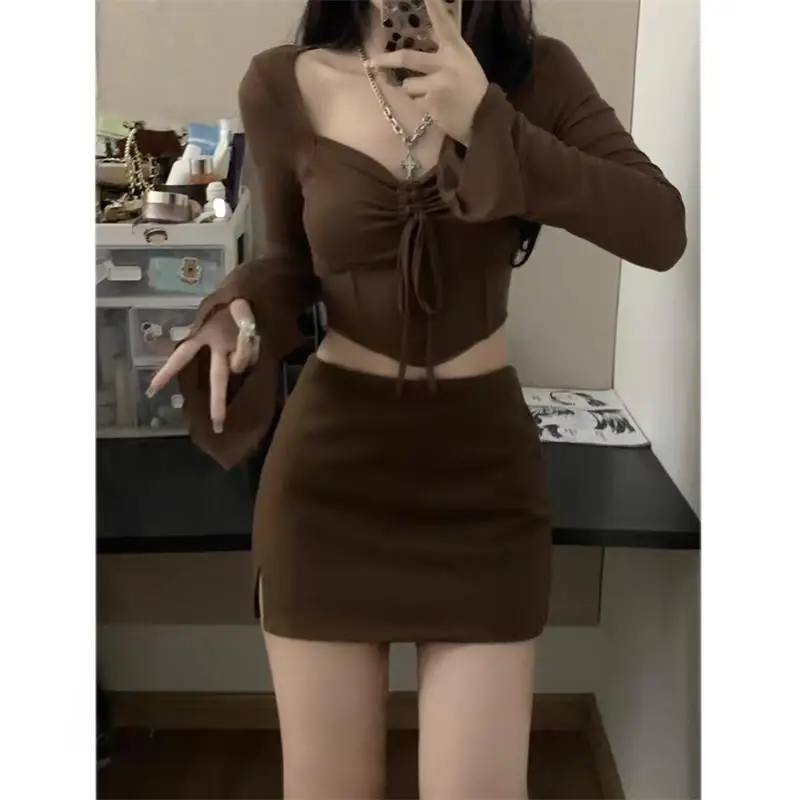 Autumn Sexy Two Pieces Skirt Set Women Y2k Long Sleeve Crop Top T-shirt + Skirt Fashion Aesthetic Streetwear Female Suit