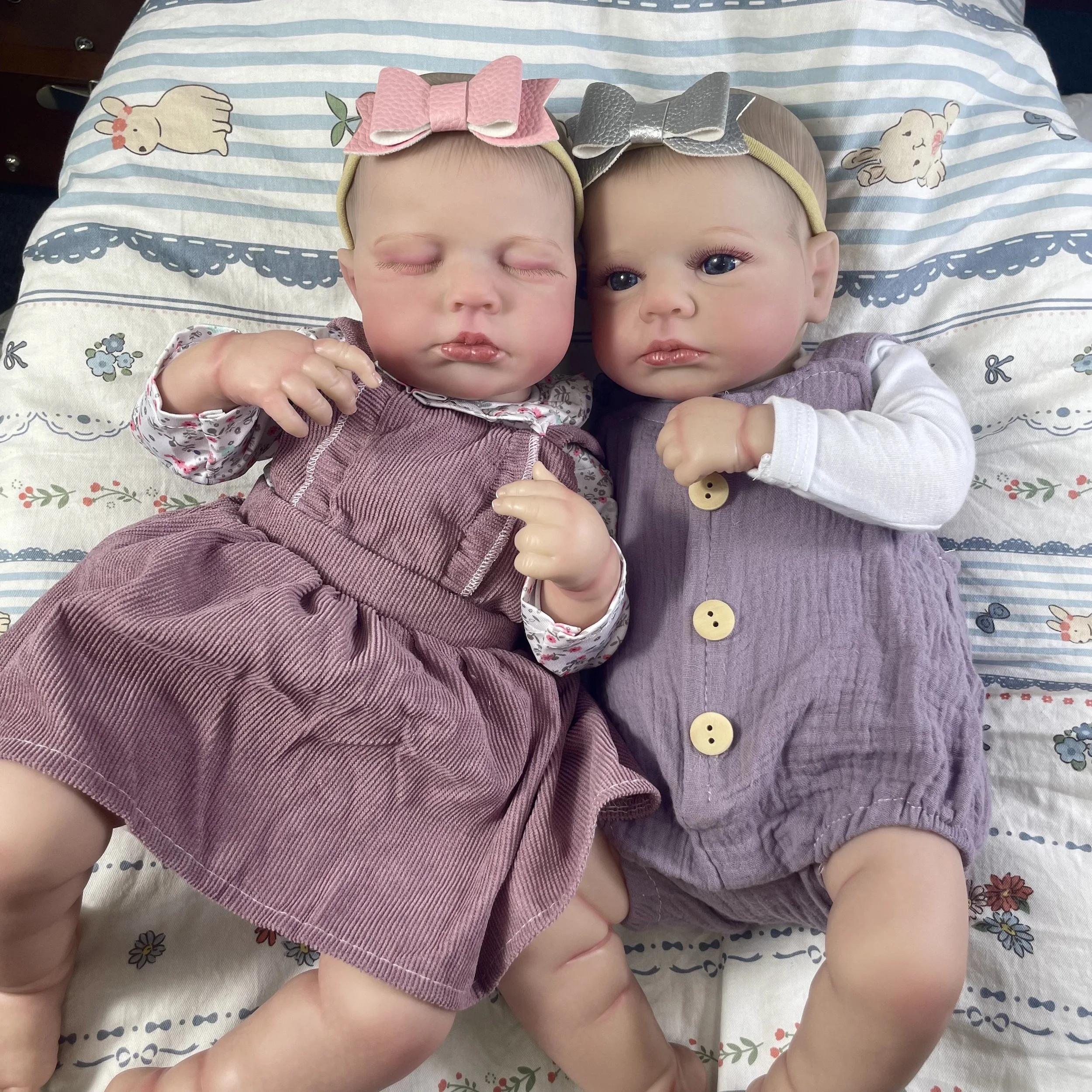 50CM Adorable Reborn Baby Dolls LouLou Twins Girl Lifelike Silicone Vinyl Newborn 3D Skin Handmade Toy Christmas Gift