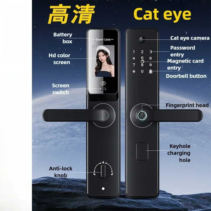 New Cat Eye Fingerprint Lock, Household Semi-automatic Electronic Lock, Combination Lock, Smart Door Lock with Small Screen