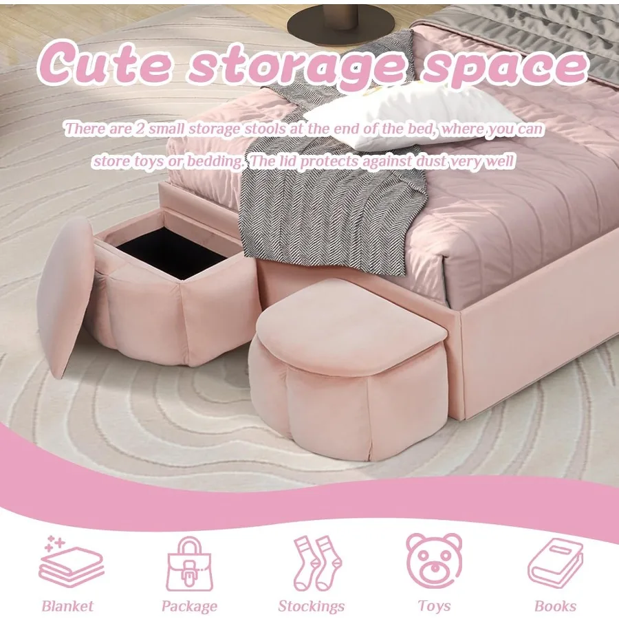 โครงเตียงแบบมีฐานรองหุ้มกำมะหยี่ขนาดทวินไซส์ พร้อมหัวเตียงรูปหูกระต่าย รวมเก้าอี้เก็บของ 2 ตัว และไฟ LED ในตัว