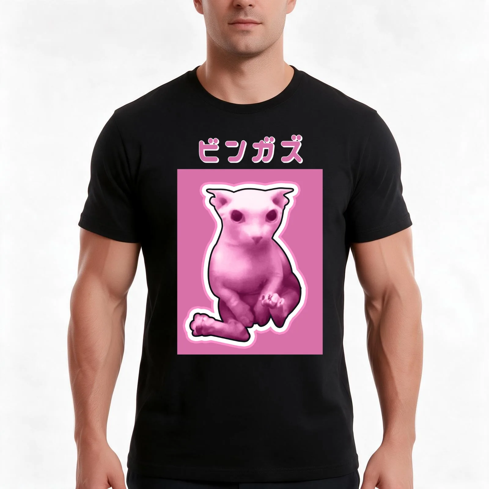 Bingus Cat Kawaii on Black T-Shirt, Summer Casual Cotton Tee, Oversized Streetwear Tops, Vintage Graphic Print, Unisex Men Women