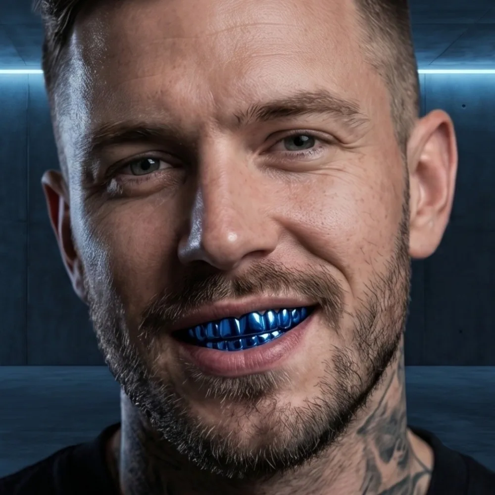 Blue Colorful Teeth Grillz Top Bottom Set Anti Slip Glossy Finish Teeth Grillz Caps Hip-Hop Eco-friendly Copper Teeth Jewelry