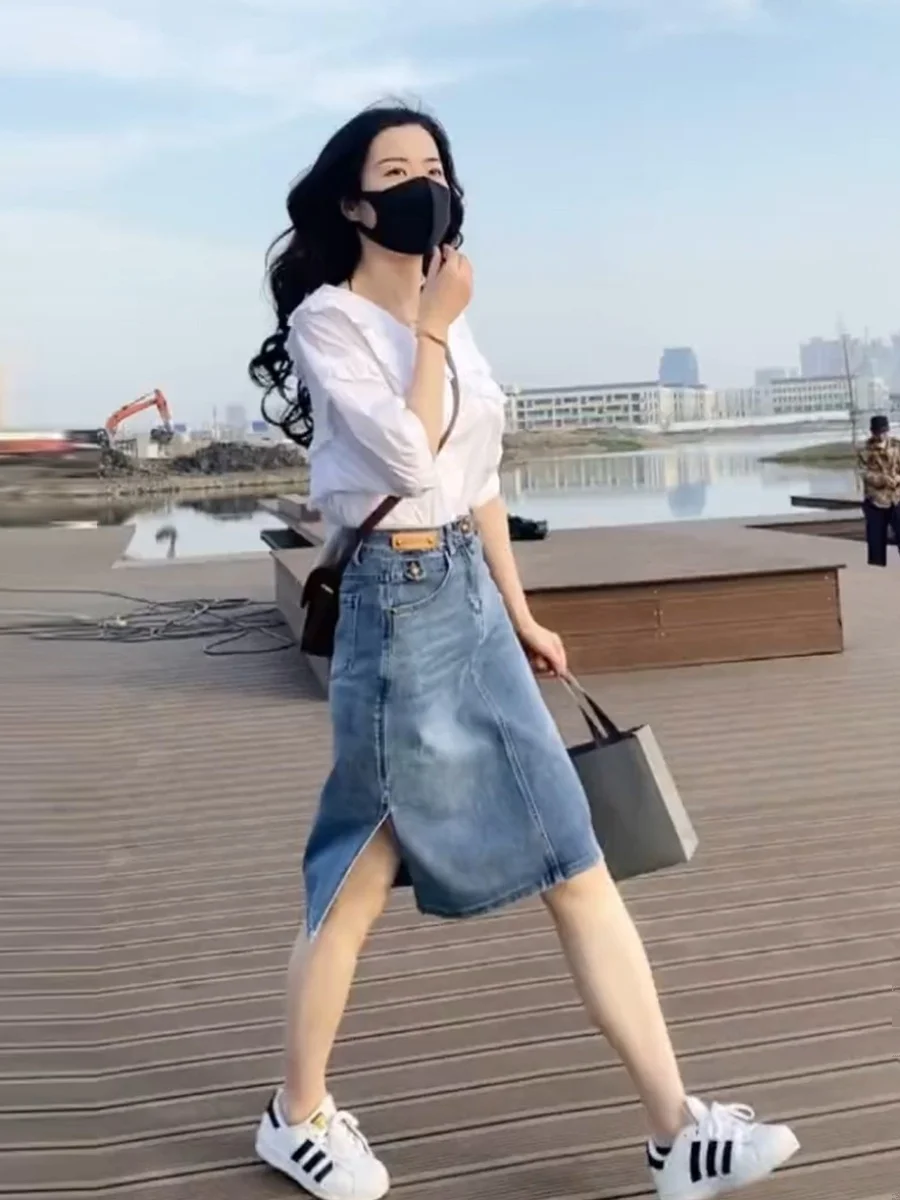 

Mid-Length A-Line Skirt Women's Summer Denim Skirt High Waist Pencil Skirt Split Design Cover Hip Fashionable Skirt