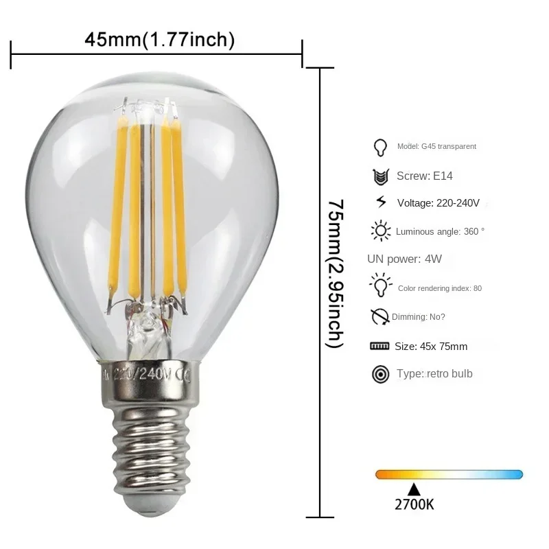 1PC  Edison Bulb LED Lamp E2 7E14 Screw Lighting C35 Pull Tail Retro Filament Lamp  Transparent Gold