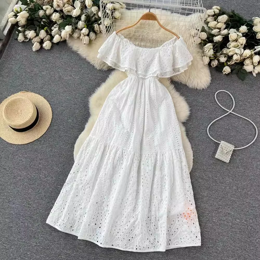 

White Flower Embroidery Long Dress Women Summer Vacation Slash Neck Sexy Vintage Bodycon Dresses Female Ruffles Women's Clothing