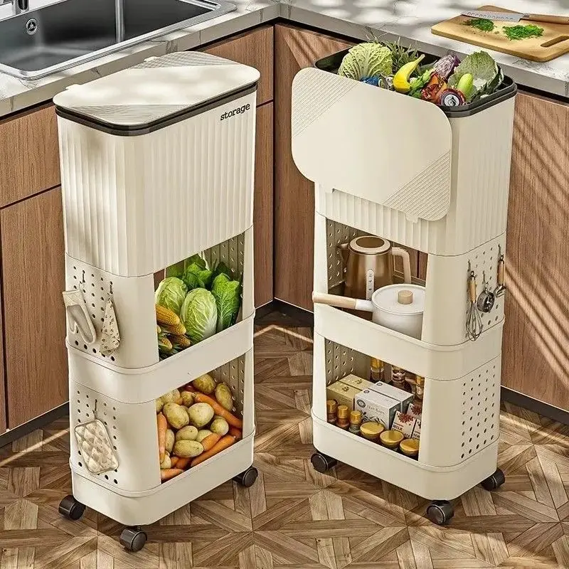 Tier Kitchen Trash Can Vegetable Storage Large Capacity Rolling Organizer Odor-Proof Rack Multi-Level Waste Disposal System