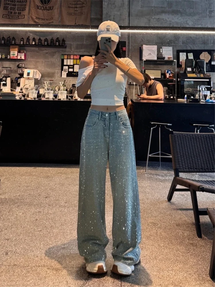 Vintage Hot Diamond Jeans For Women Korean Style Hight Waisted Loose Denim Pants Summer High Street Sequined Straight Trousers