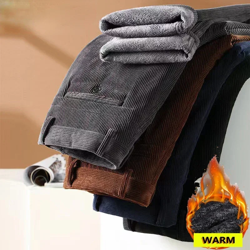 

Мужские зимние брюки на флисовой подкладке, мужские толстые теплые деловые прямые вельветовые эластичные термостойкие брюки с высокой талией для работы, офиса, классические