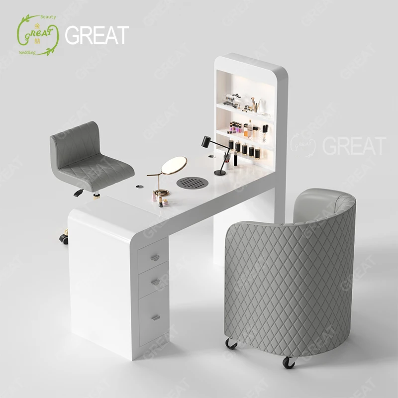 Conjunto de mesa e cadeira moderna de madeira branca para arte em unhas estilo 2025 para salão de beleza, terapia, manicure e pedicure