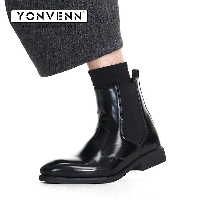 Chelsea boots men's black business pointed short leather boots thick sole height increasing Vibe shoes