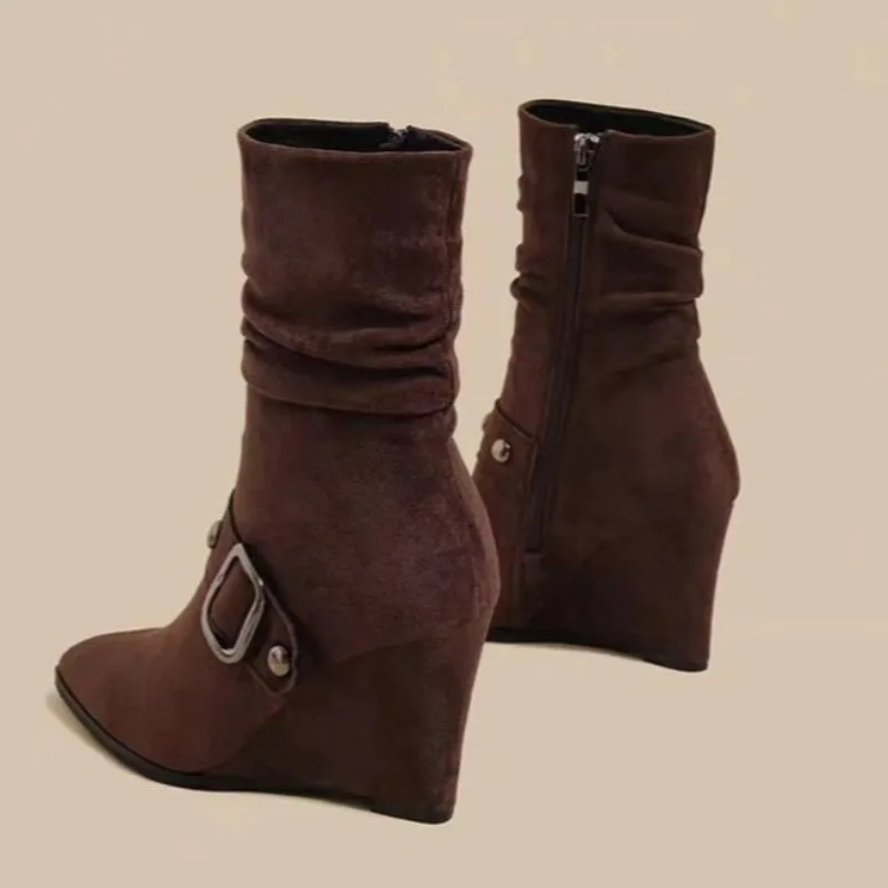 Wedge Pleated Booties Autumn New Pointed Toe Suede Studded Belt Buckle Soft Sole Anti-Slip Wear-Resistant Skinny Boots