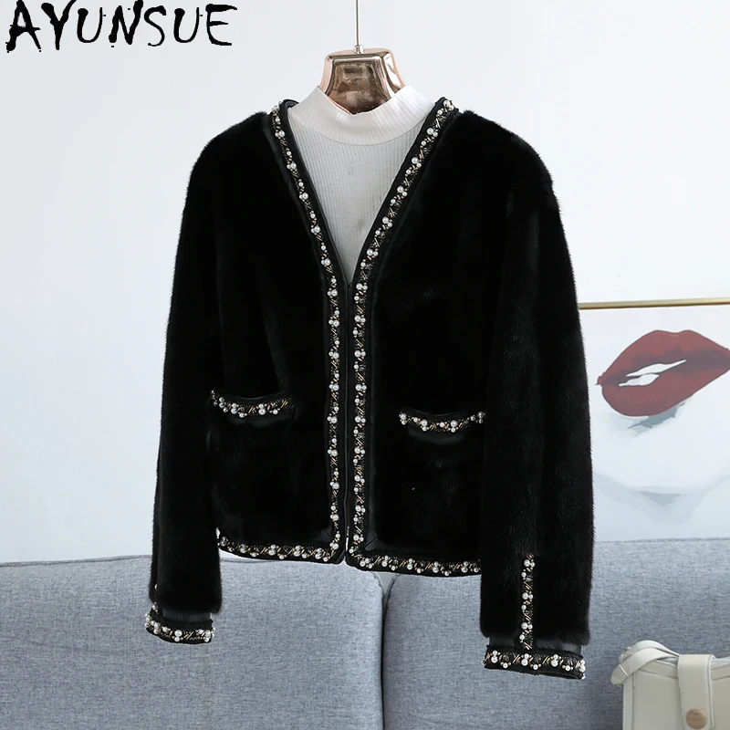 

AYUNSUE Natural Mink Fur Coat Woman 2025 Winter Coats for Woman Black Fur Coat Elegant Fashion Woman Clothes Pelzmantel Damen