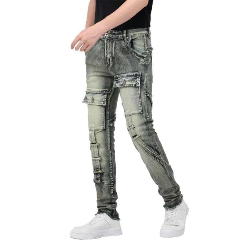 Jeans de motocicleta de bolso múltiplo masculino, calça slim fit, retrô, angustiada, cor de lama amarela, personalidade, outono, nova, 2022