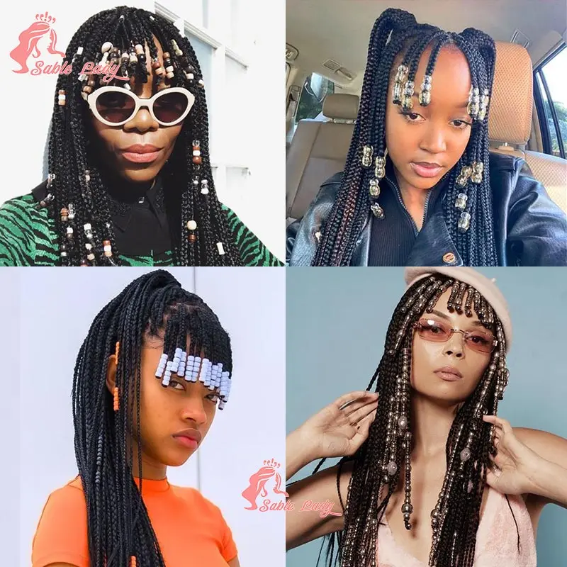 Wig jalinan renda penuh sintetis dengan poni 32 inci Wig kepang kotak Cornrow tanpa simpul Wig renda Frontal untuk WANITA HITAM